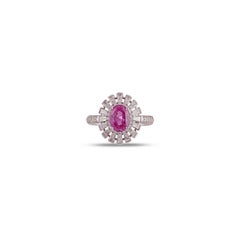 Natural Pink Sapphire Surrounded By Diamonds Finish in 18k Gold Ring