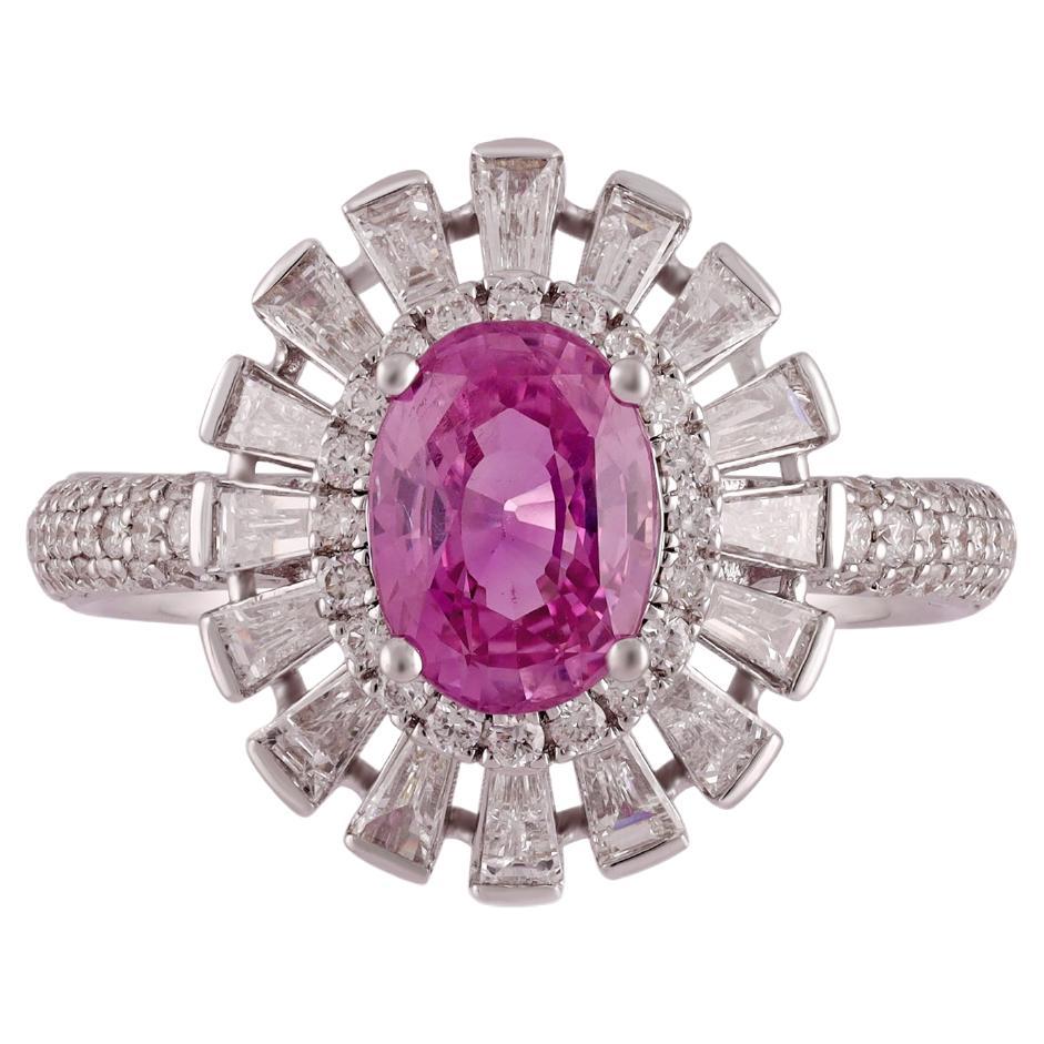 Natural Pink Sapphire Surrounded By Diamonds Finish in 18k Gold Ring For Sale