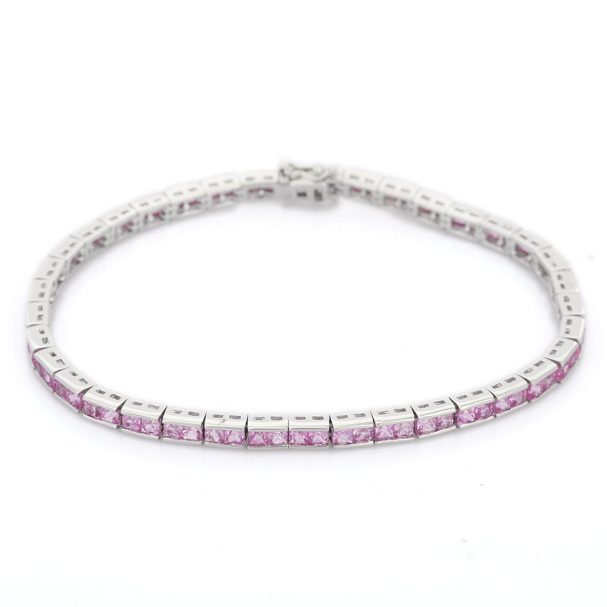 Square Cut Natural Pink Sapphire Tennis Bracelet in 18K White Gold Ready to Ship For Sale