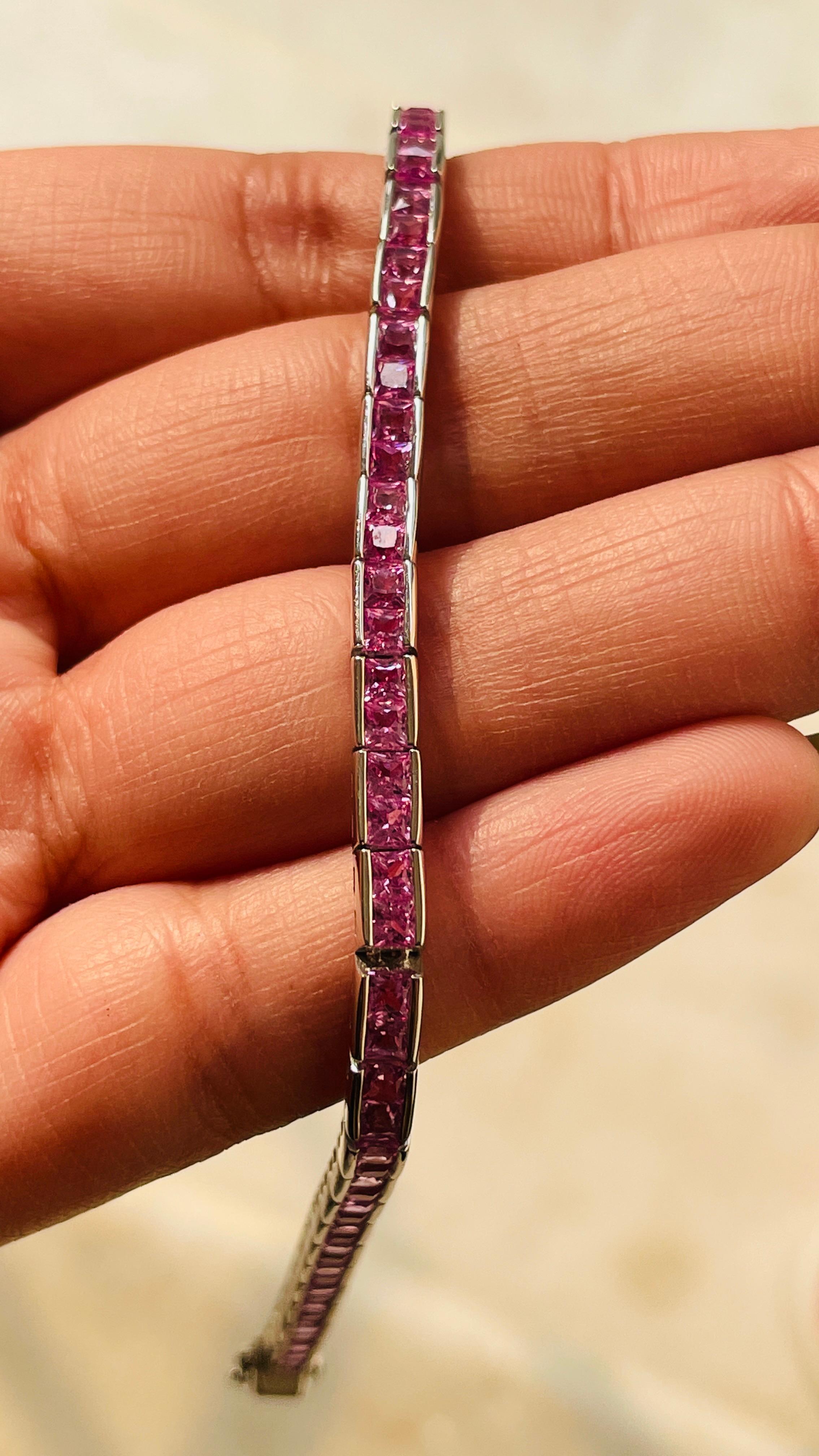 Art Deco Natural Pink Sapphire Tennis Bracelet in 18K White Gold Ready to Ship For Sale