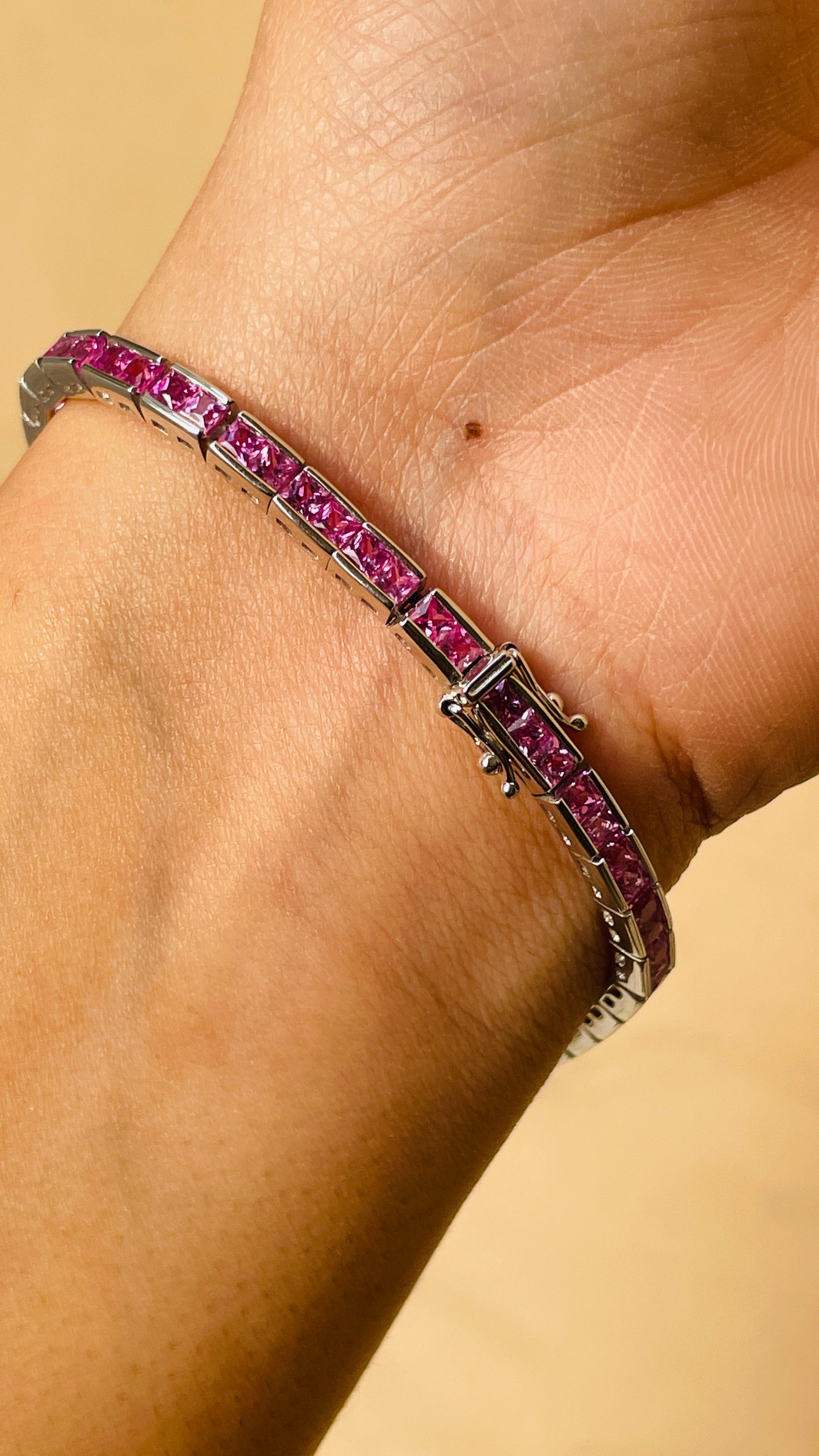 Women's Natural Pink Sapphire Tennis Bracelet in 18K White Gold Ready to Ship For Sale