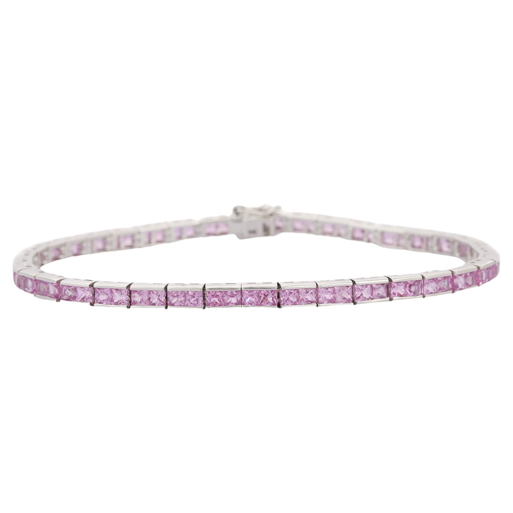 Natural Pink Sapphire Tennis Bracelet in 18K White Gold Ready to Ship For Sale