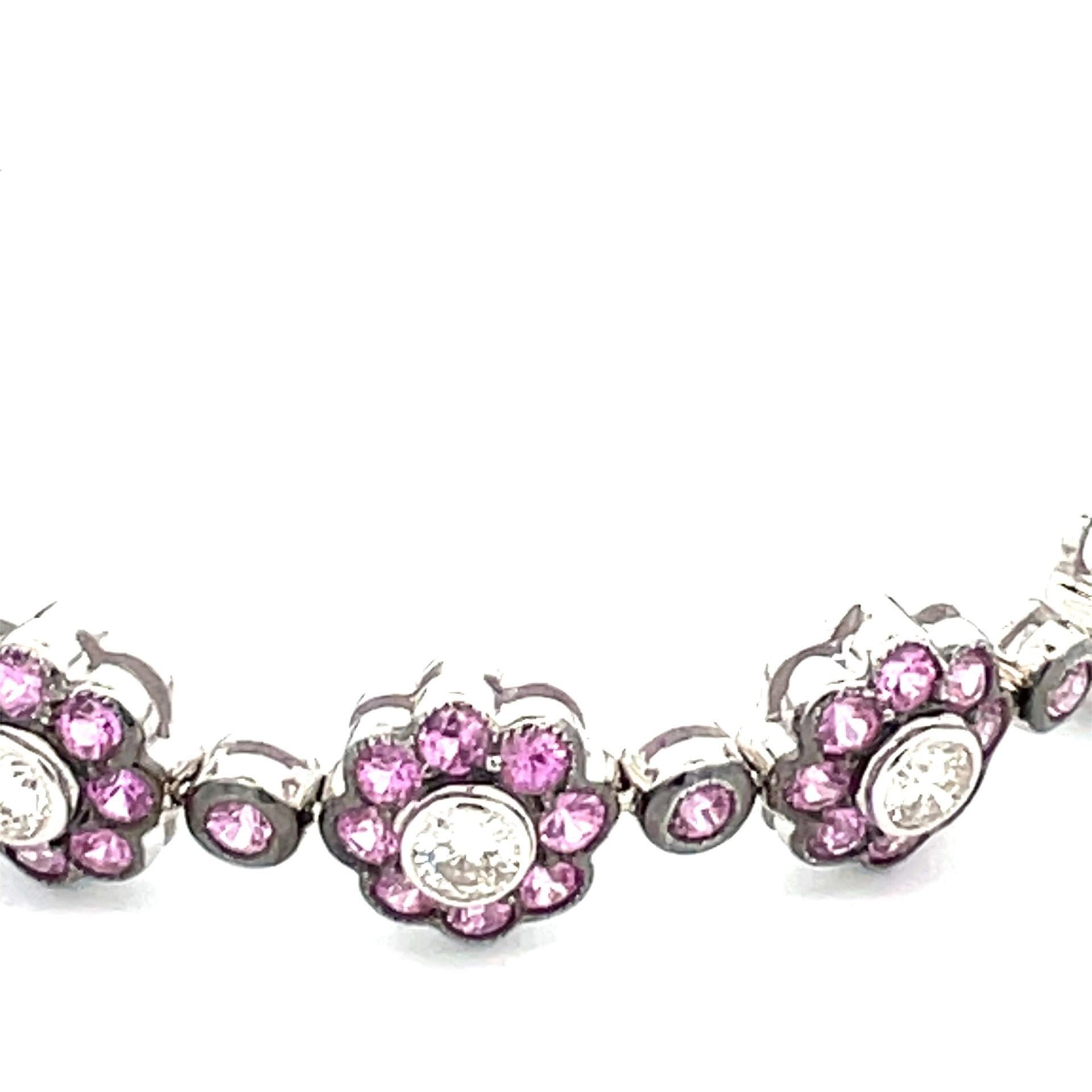 Contemporary Natural Pink sapphire & White Diamond Flower Bracelet in 18 Karat White Gold For Sale