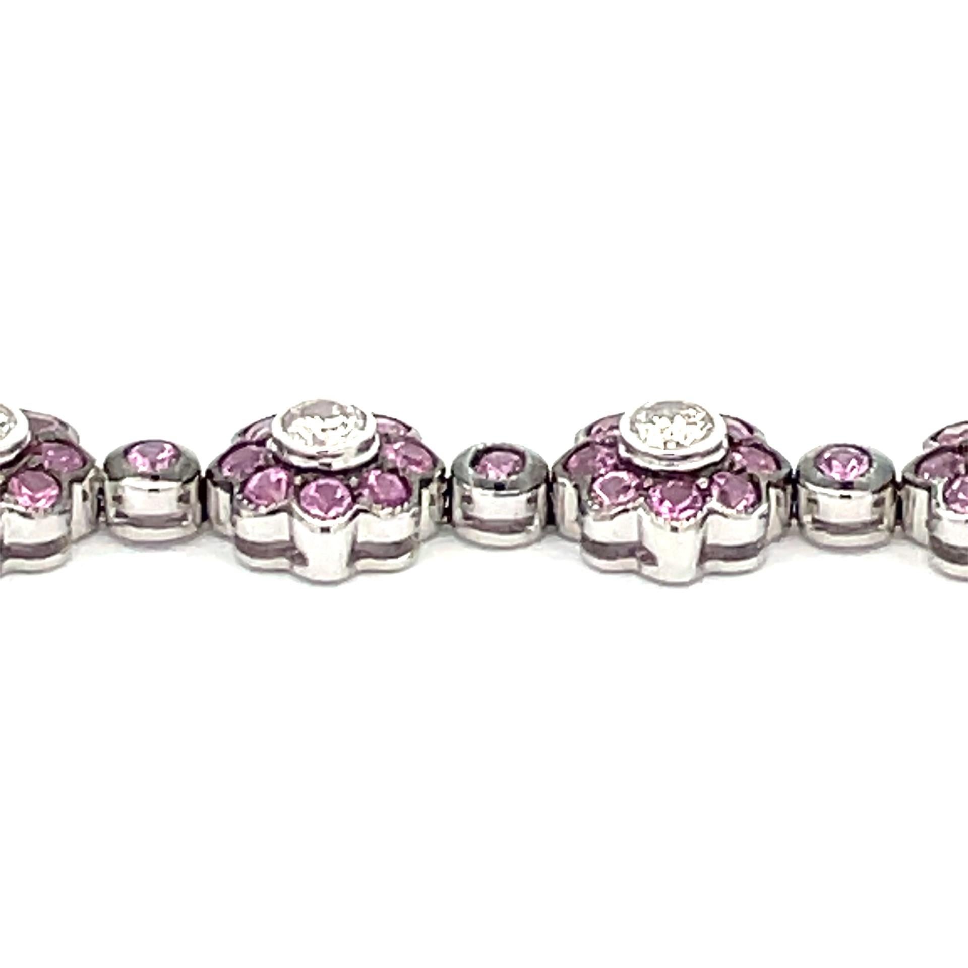 Round Cut Natural Pink sapphire & White Diamond Flower Bracelet in 18 Karat White Gold For Sale
