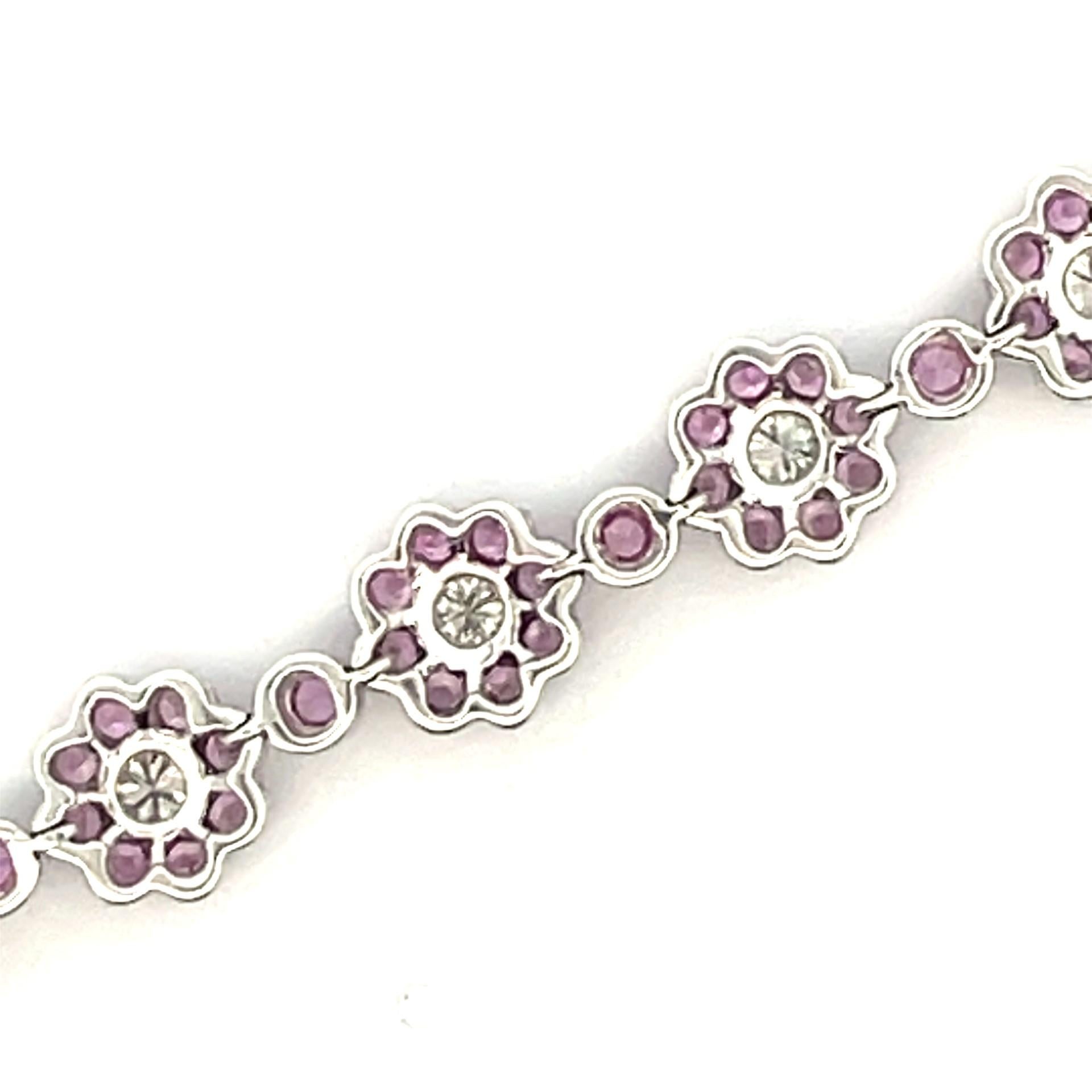 Women's Natural Pink sapphire & White Diamond Flower Bracelet in 18 Karat White Gold For Sale