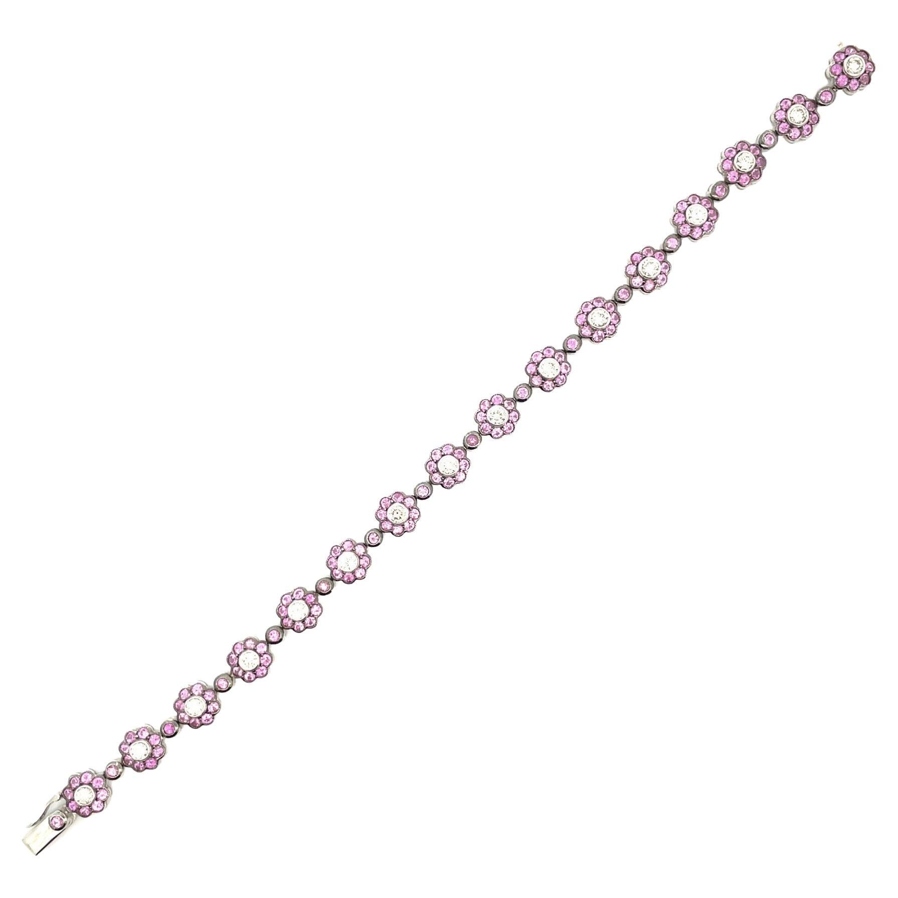 Natural Pink sapphire & White Diamond Flower Bracelet in 18 Karat White Gold For Sale