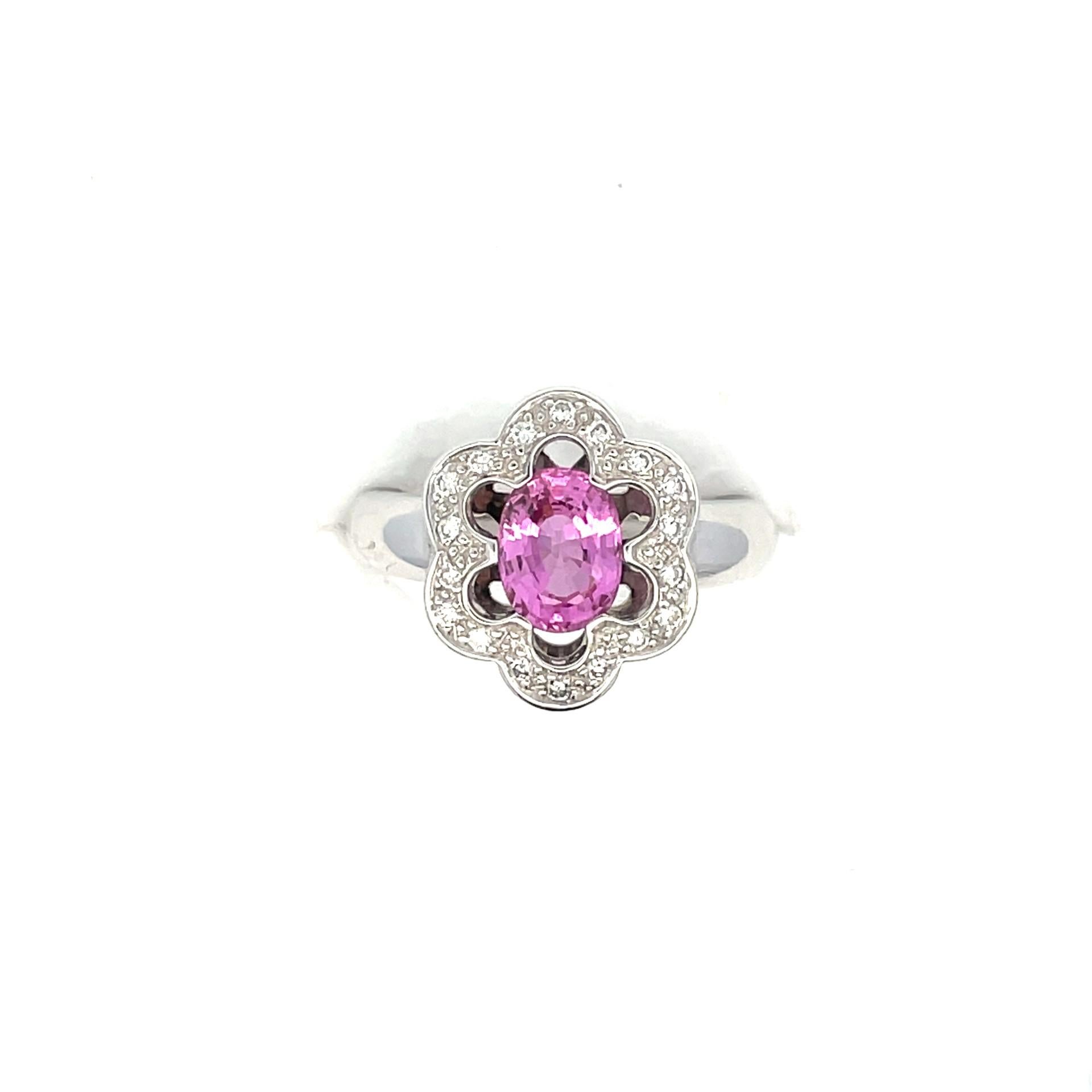 Women's Natural Pink Sapphire & White Diamond Flower Solitaire Ring in 18Kt White Gold For Sale