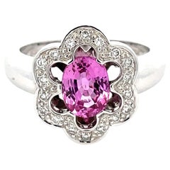 Natural Pink Sapphire & White Diamond Flower Solitaire Ring in 18Kt White Gold