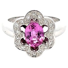 Solitär-Ring aus 18 Karat Weißgold mit natürlichem rosa Saphir und weißem Diamant-Blumen