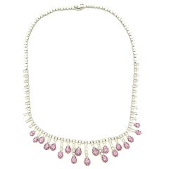 Natural Pink Sapphire & White Diamond Pave Bib Necklace in 18Kt White Gold