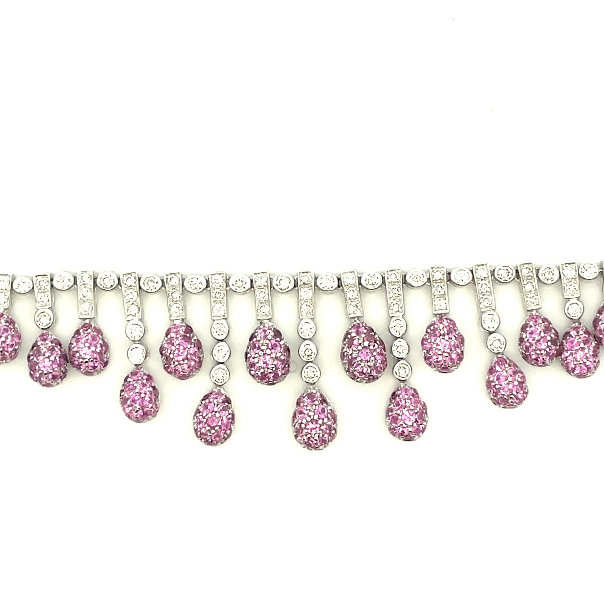Contemporary Natural Pink Sapphire & White Diamond Pave Bib Necklace in 18Kt White Gold For Sale