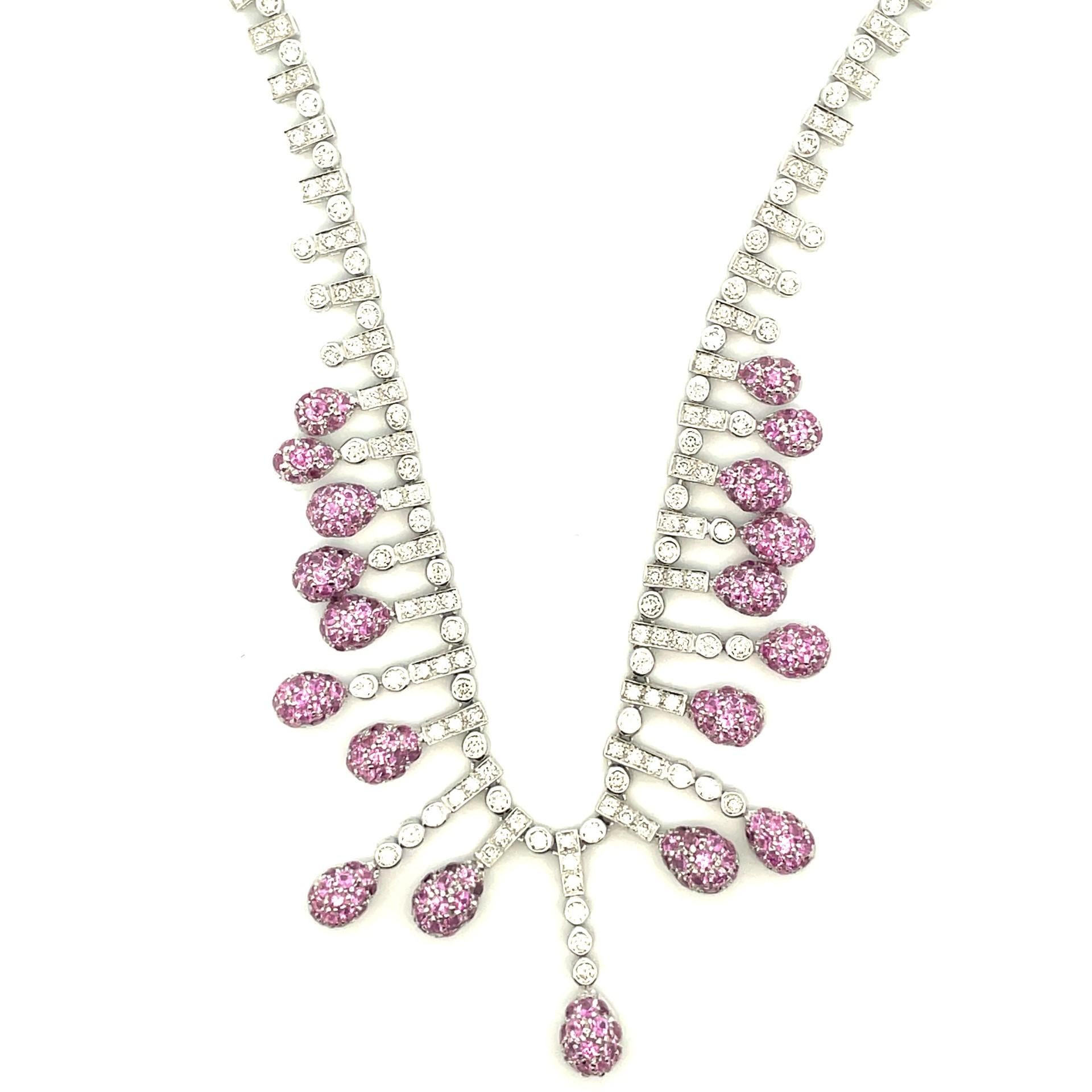 Round Cut Natural Pink Sapphire & White Diamond Pave Bib Necklace in 18Kt White Gold For Sale