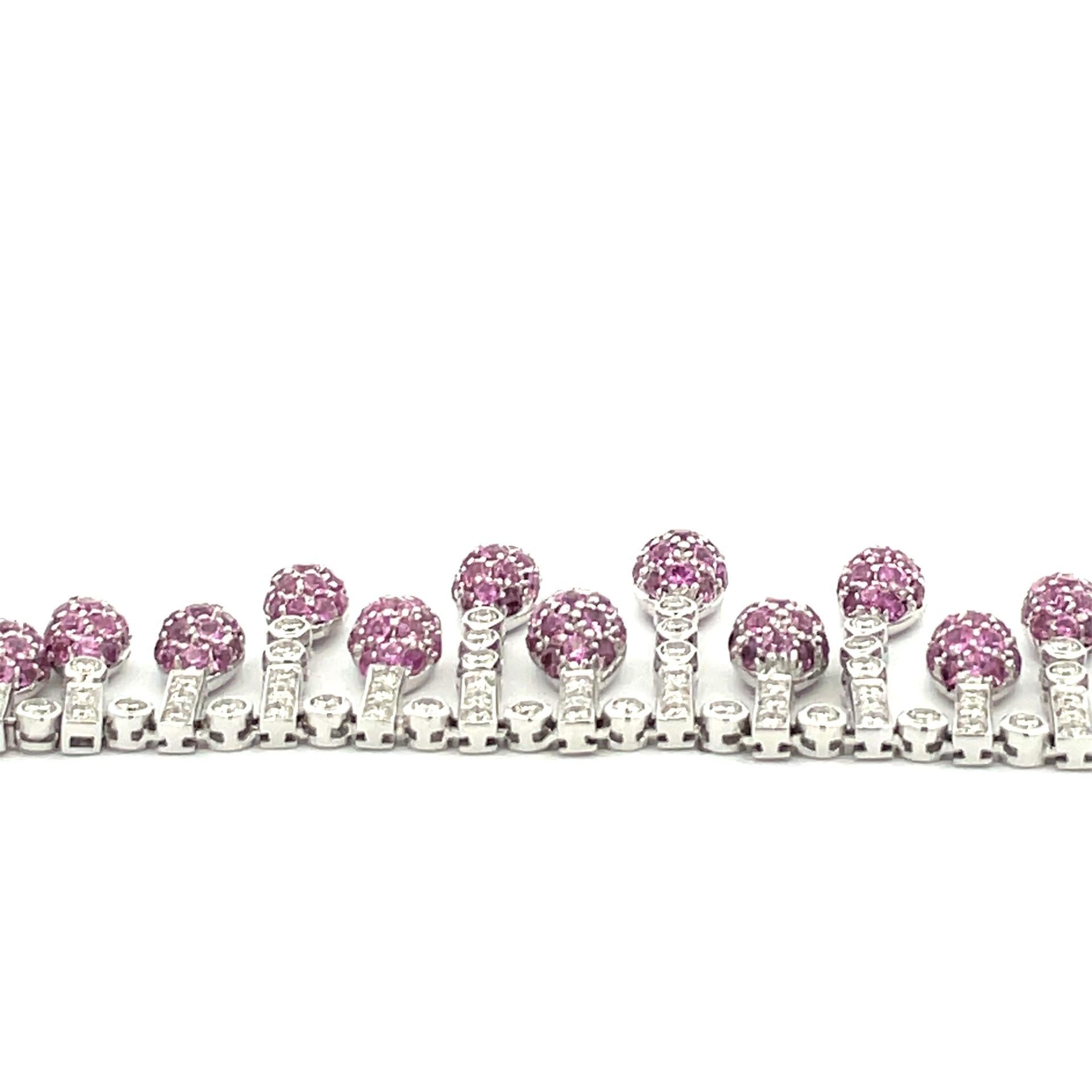 Natural Pink Sapphire & White Diamond Pave Bib Necklace in 18Kt White Gold In New Condition For Sale In Westmount, CA