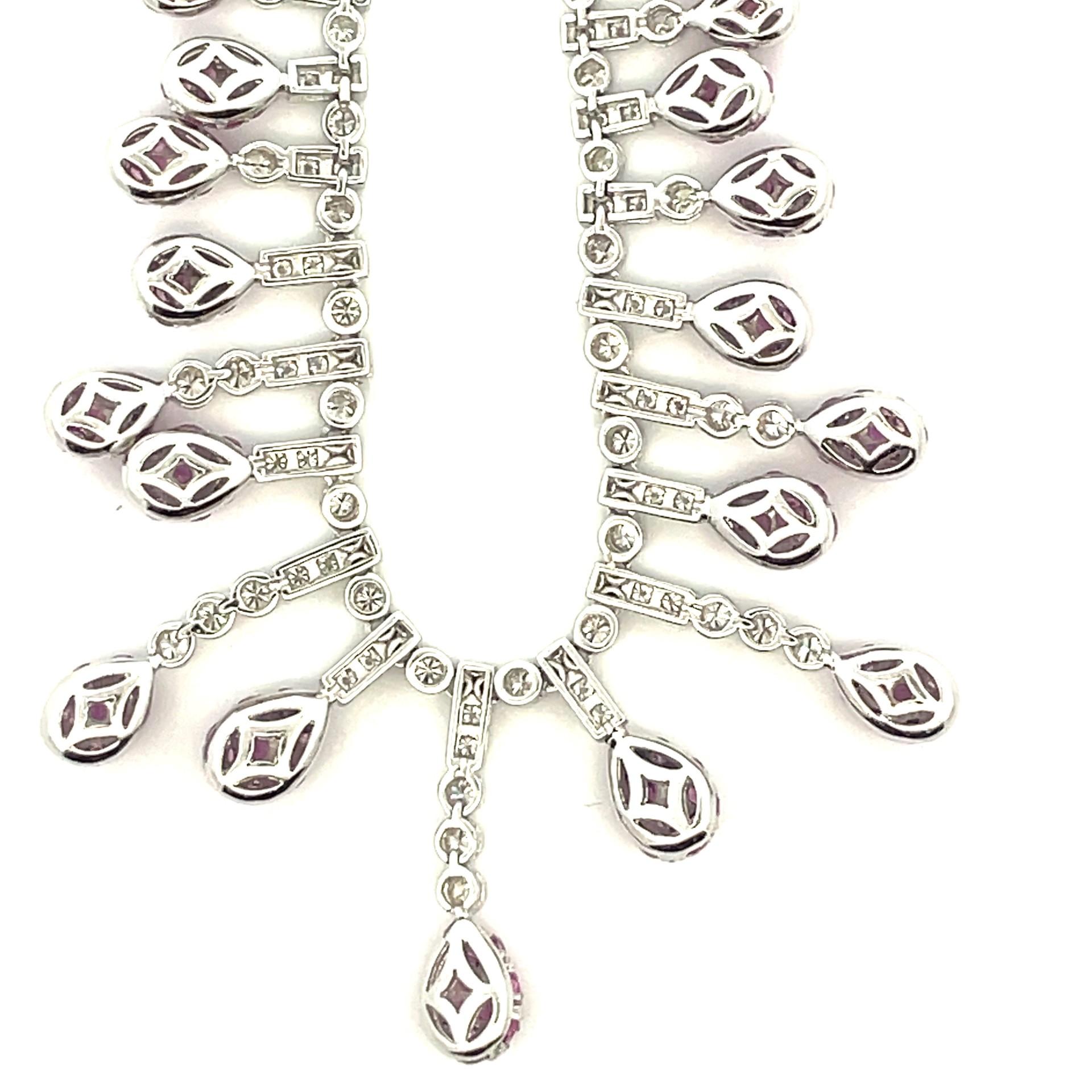Natural Pink Sapphire & White Diamond Pave Bib Necklace in 18Kt White Gold For Sale 1