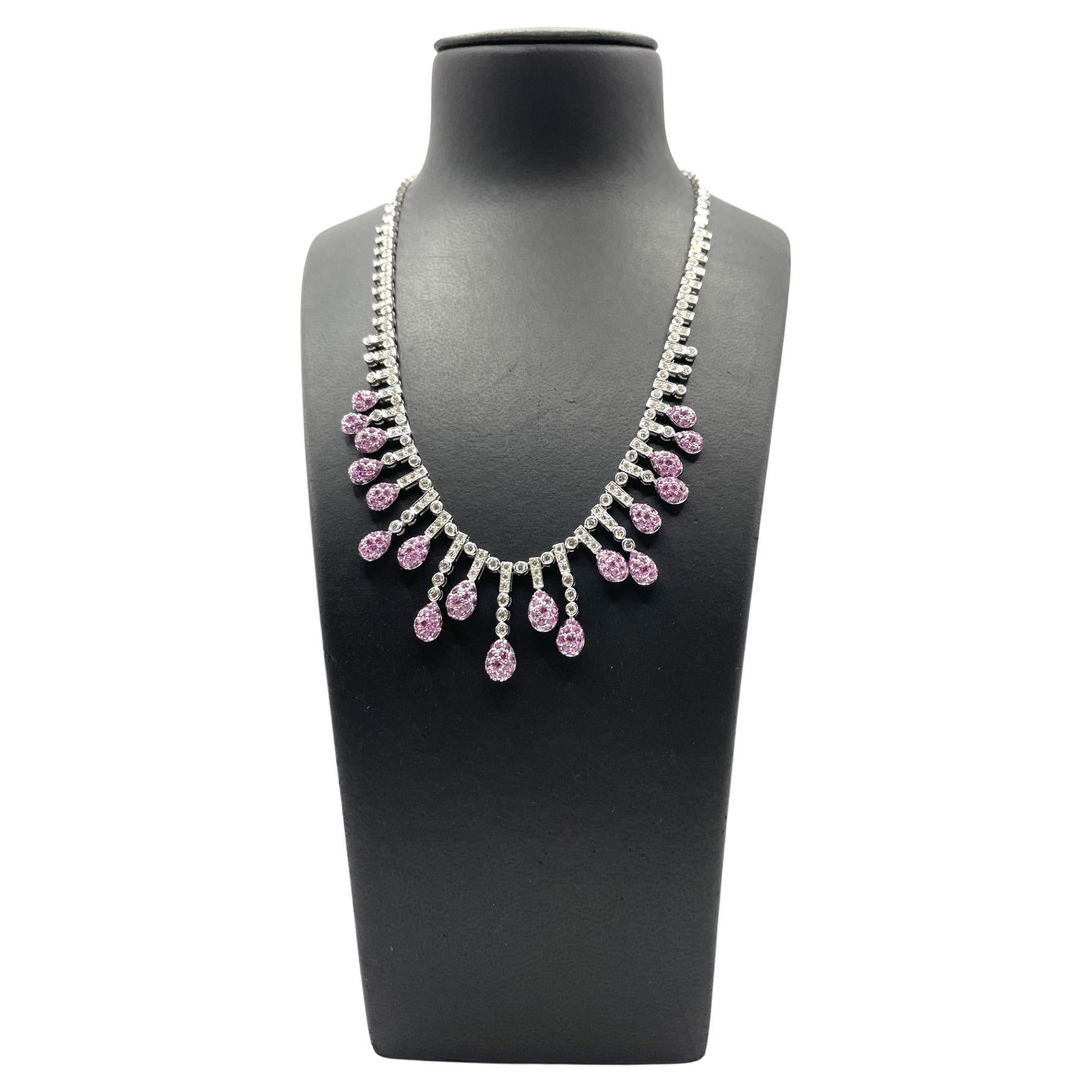 Natural Pink Sapphire & White Diamond Pave Bib Necklace in 18Kt White Gold For Sale