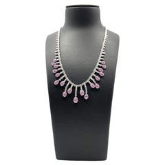 Natural Pink Sapphire & White Diamond Pave Bib Necklace in 18Kt White Gold
