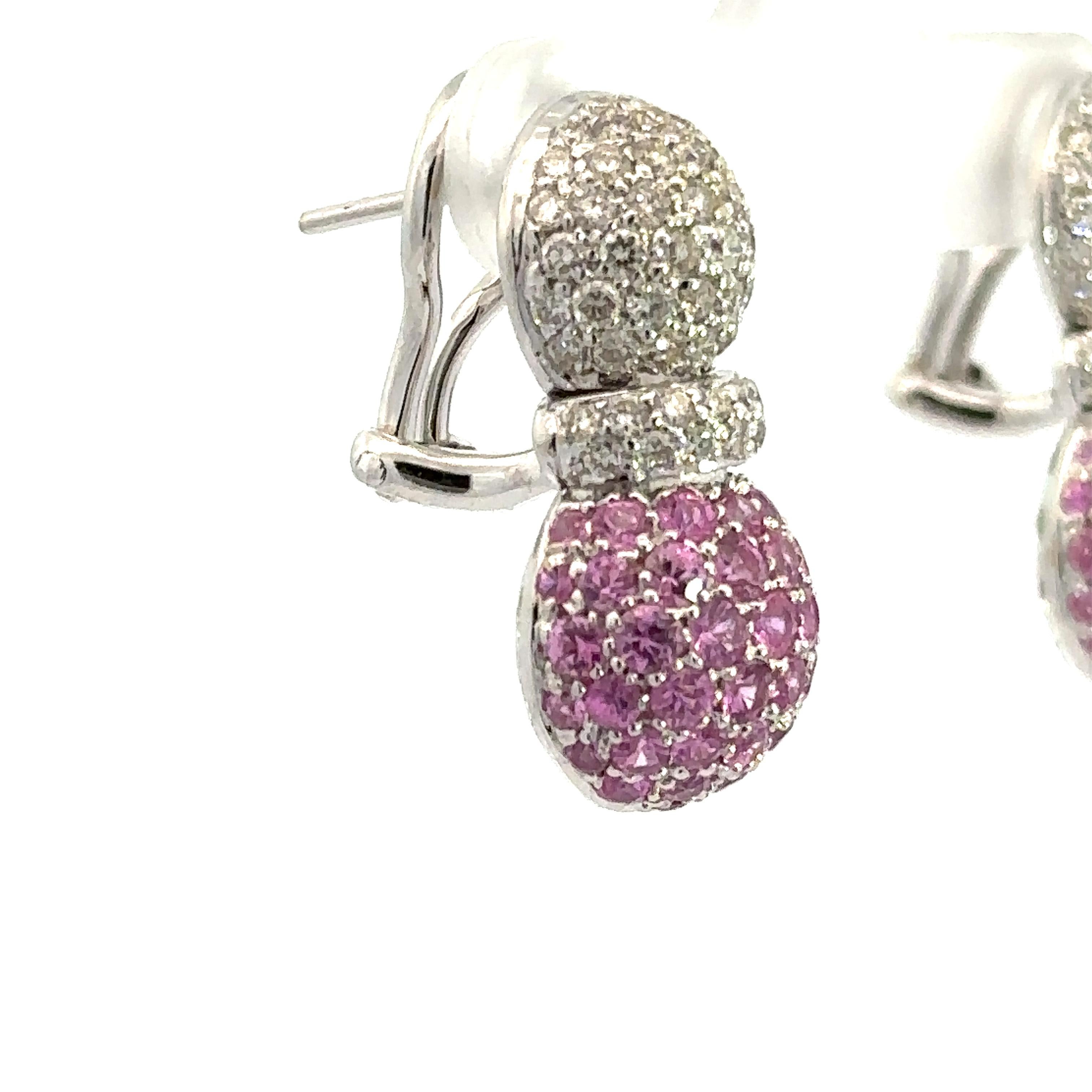 Contemporary Natural Pink Sapphire & White Diamond, Pineapple Earrings in 18 Kt White Gold  For Sale