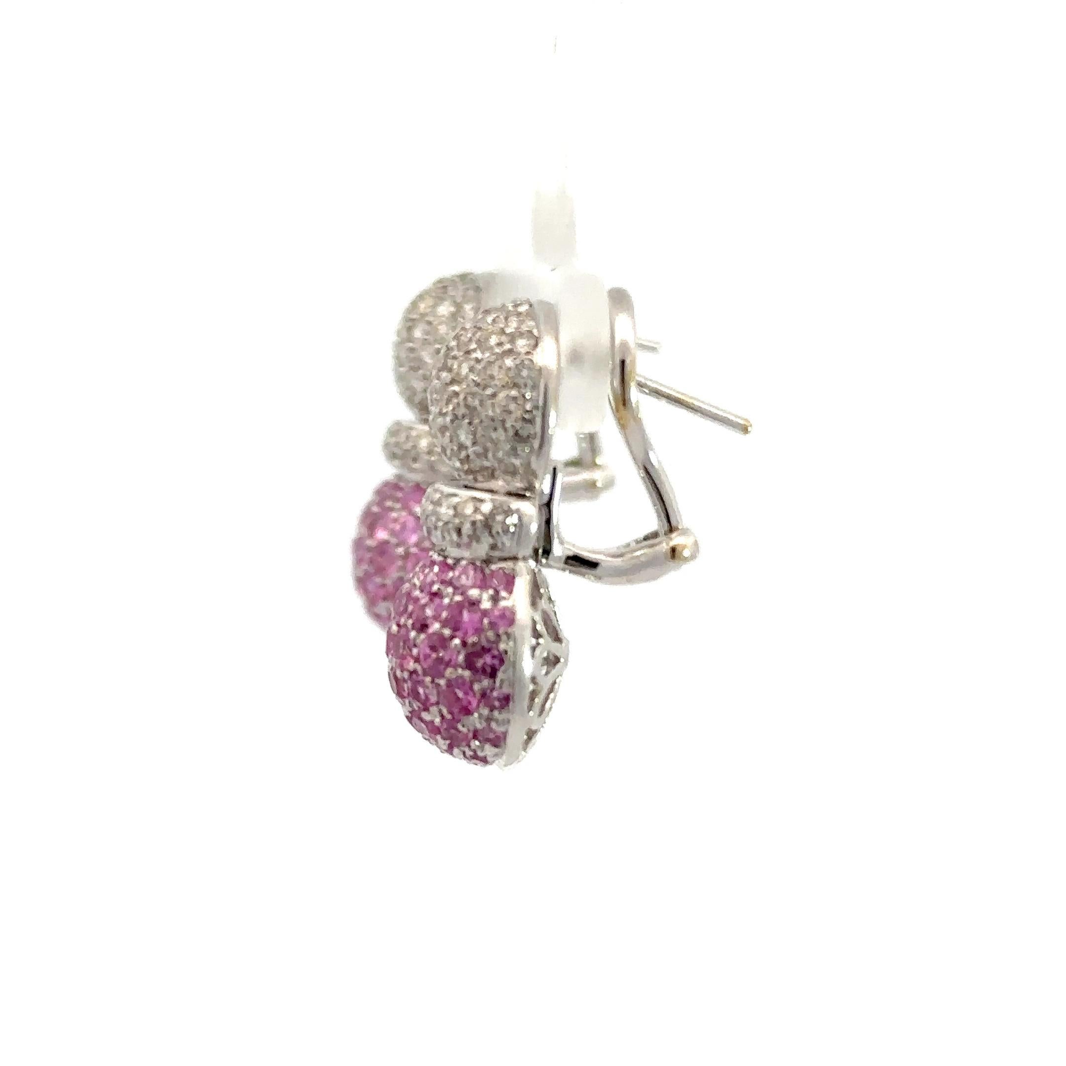Round Cut Natural Pink Sapphire & White Diamond, Pineapple Earrings in 18 Kt White Gold  For Sale