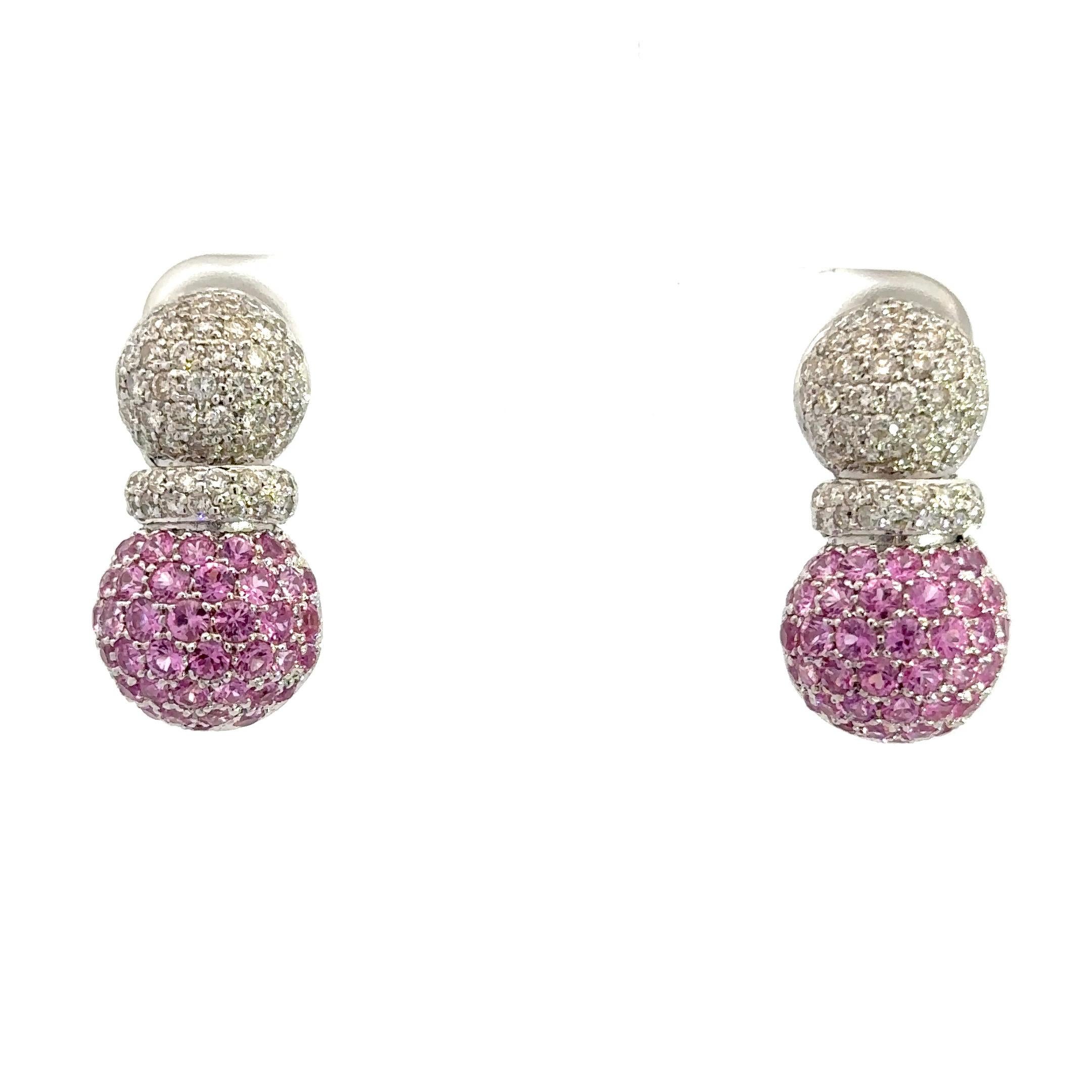 Women's Natural Pink Sapphire & White Diamond, Pineapple Earrings in 18 Kt White Gold  For Sale