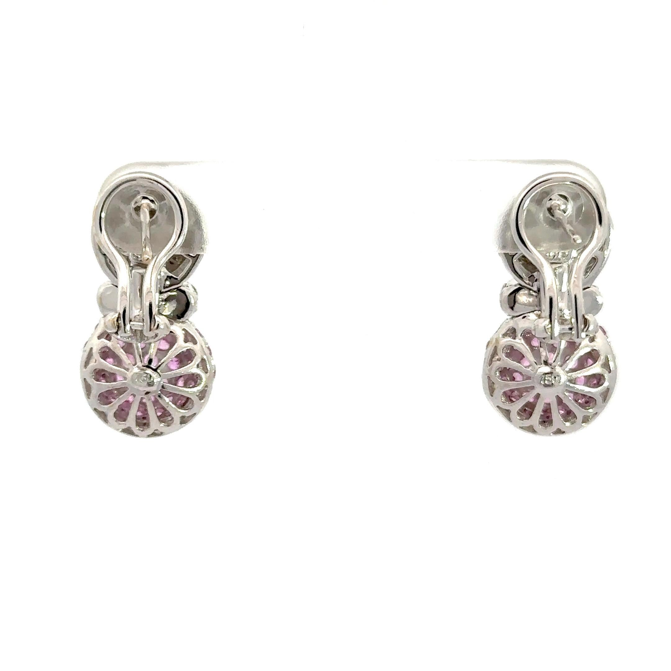 Natural Pink Sapphire & White Diamond, Pineapple Earrings in 18 Kt White Gold  For Sale 1