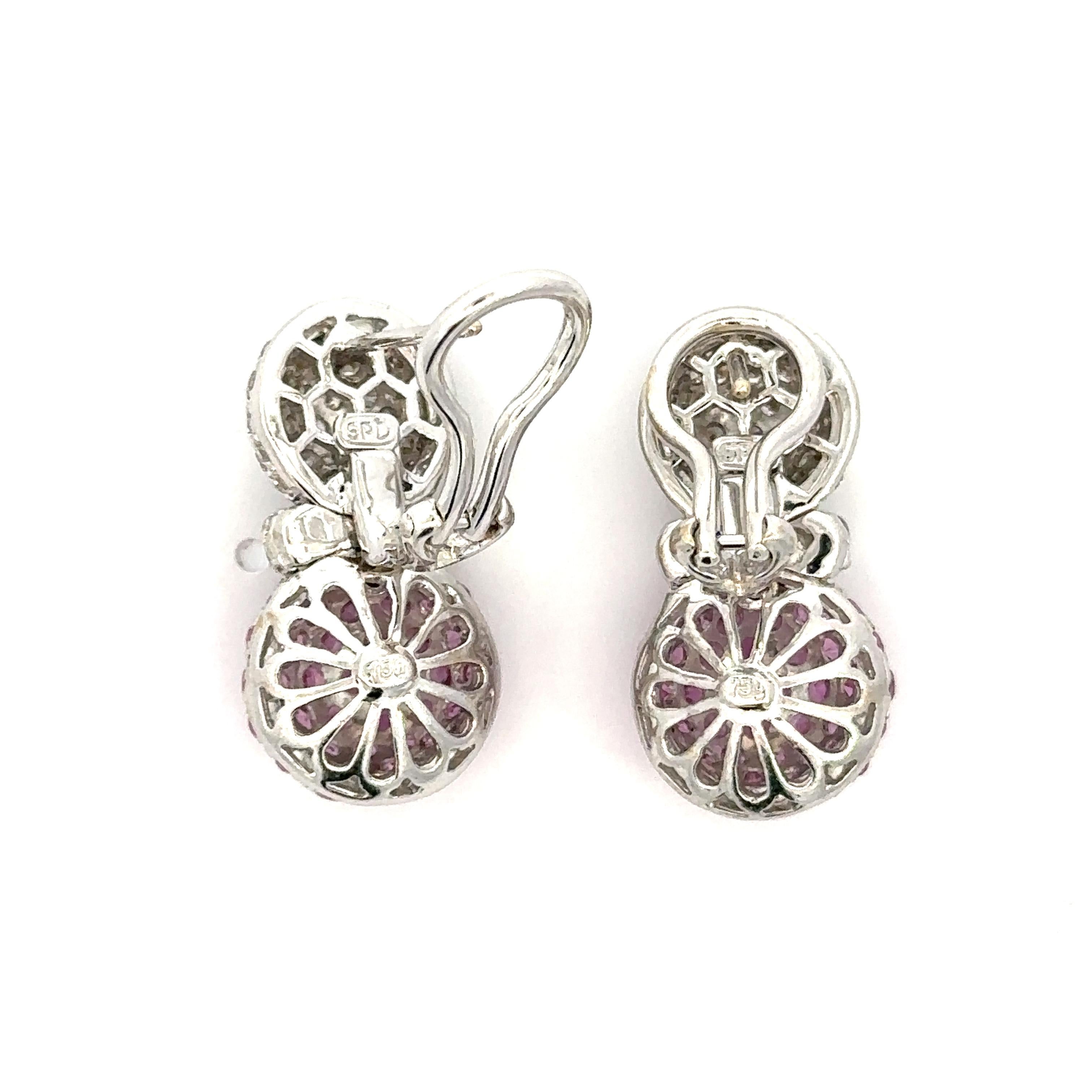 Natural Pink Sapphire & White Diamond, Pineapple Earrings in 18 Kt White Gold  For Sale 2