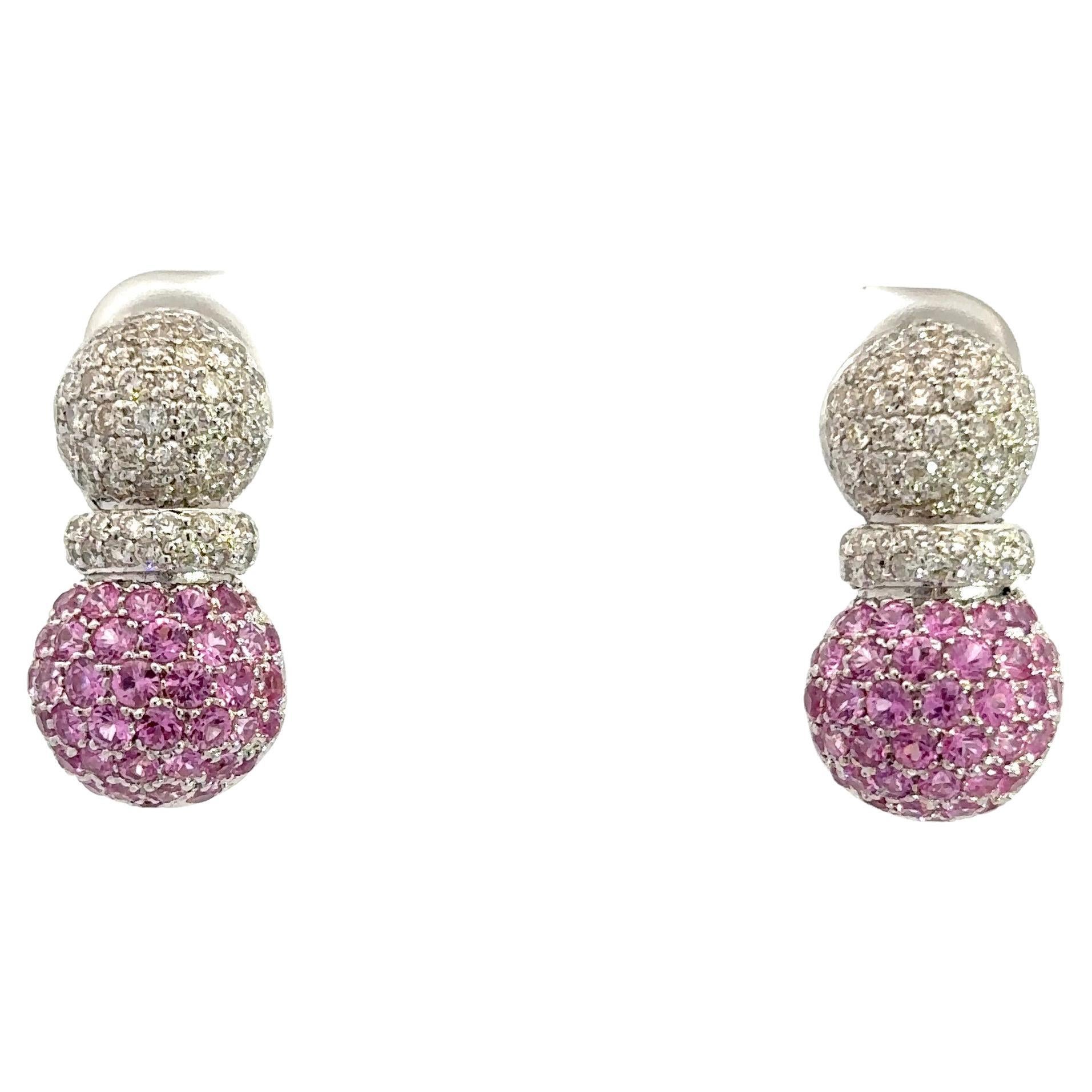 Natural Pink Sapphire & White Diamond, Pineapple Earrings in 18 Kt White Gold  For Sale