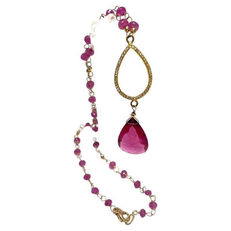 Natural Pink Sapphire with Hot Pink Quartz and Pave Diamond Pendant