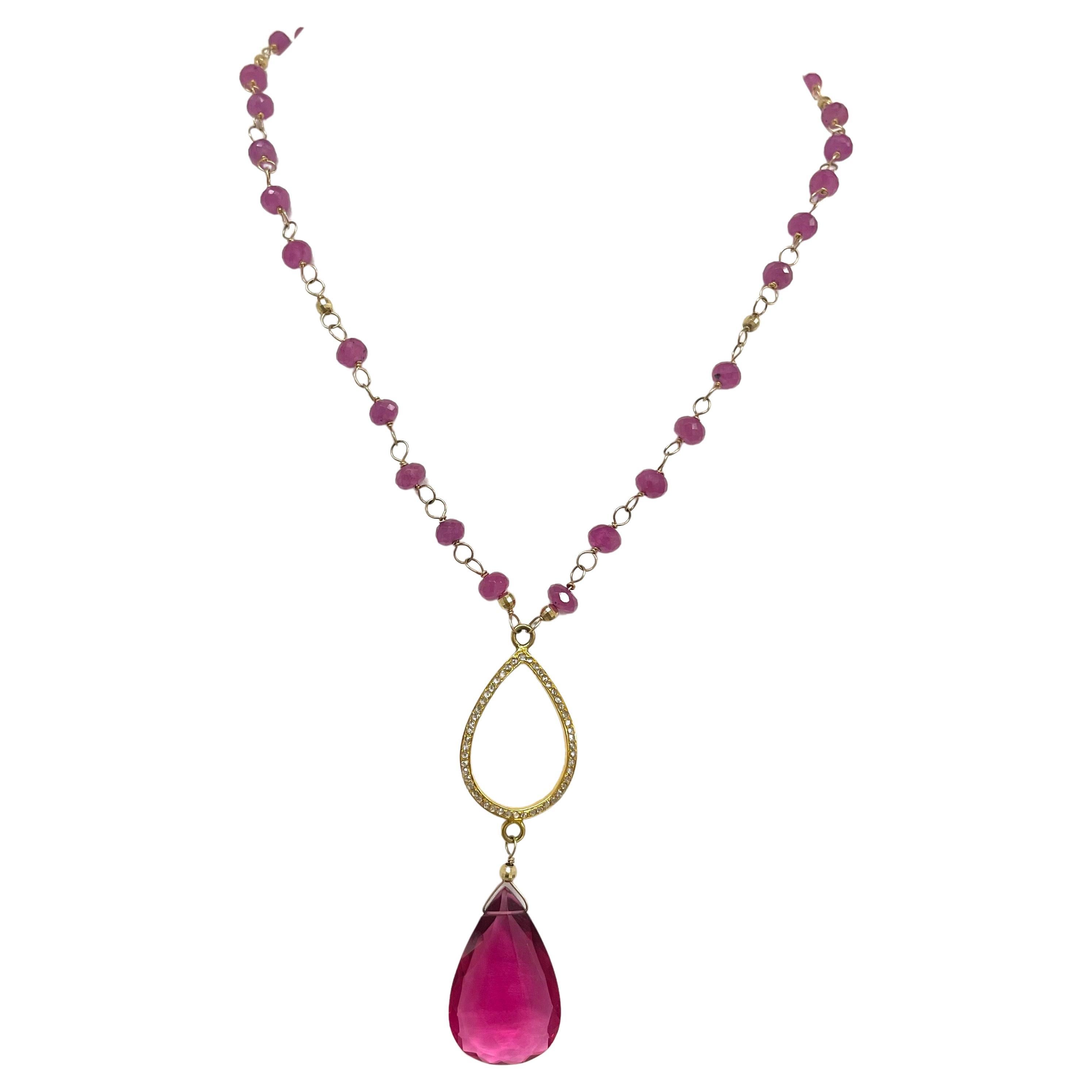 Artisan Natural Pink Sapphire with Hot Pink Quartz and Pave Diamond Pendant Necklace For Sale