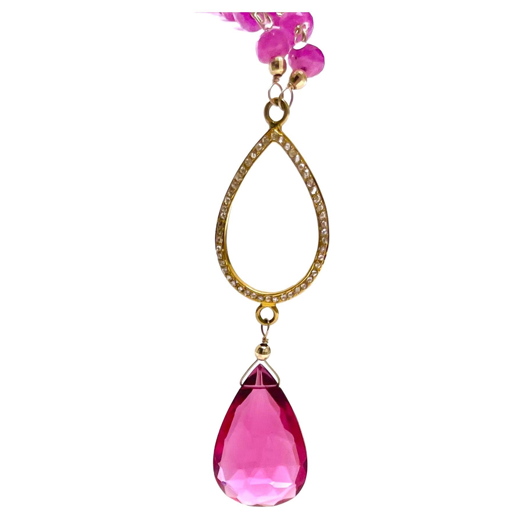 Pear Cut Natural Pink Sapphire with Hot Pink Quartz and Pave Diamond Pendant Necklace For Sale