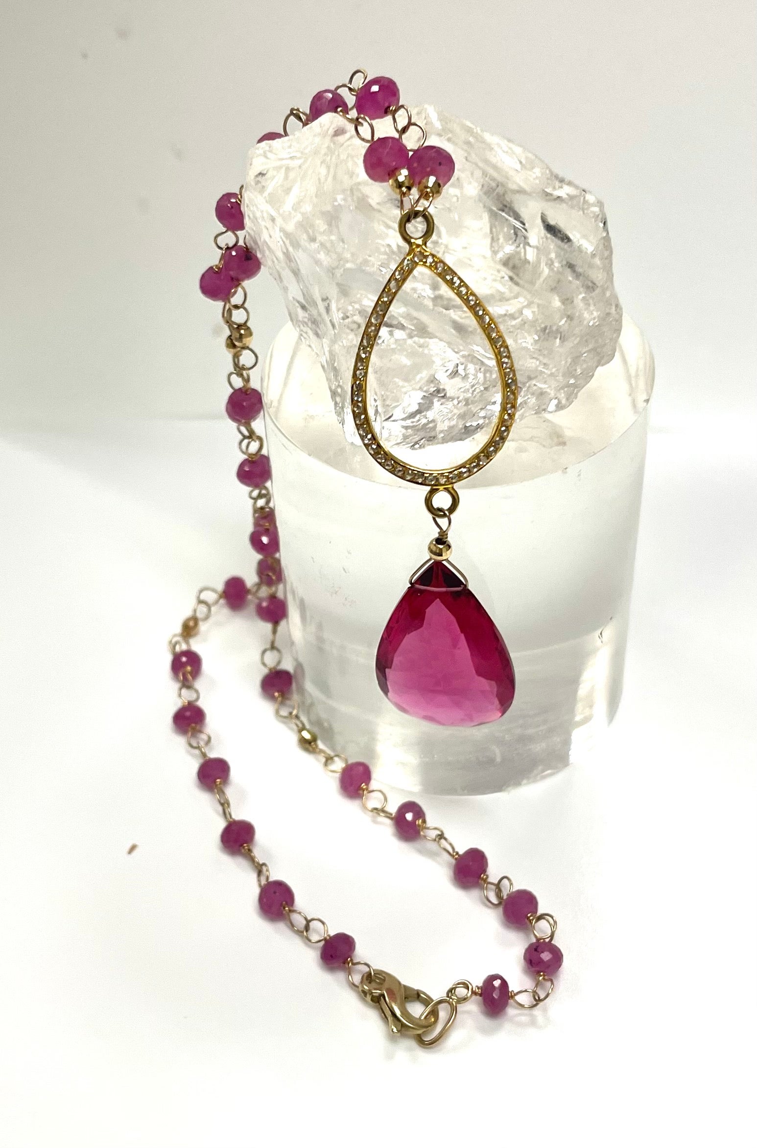 Natural Pink Sapphire with Hot Pink Quartz and Pave Diamond Pendant Necklace In New Condition For Sale In Laguna Beach, CA