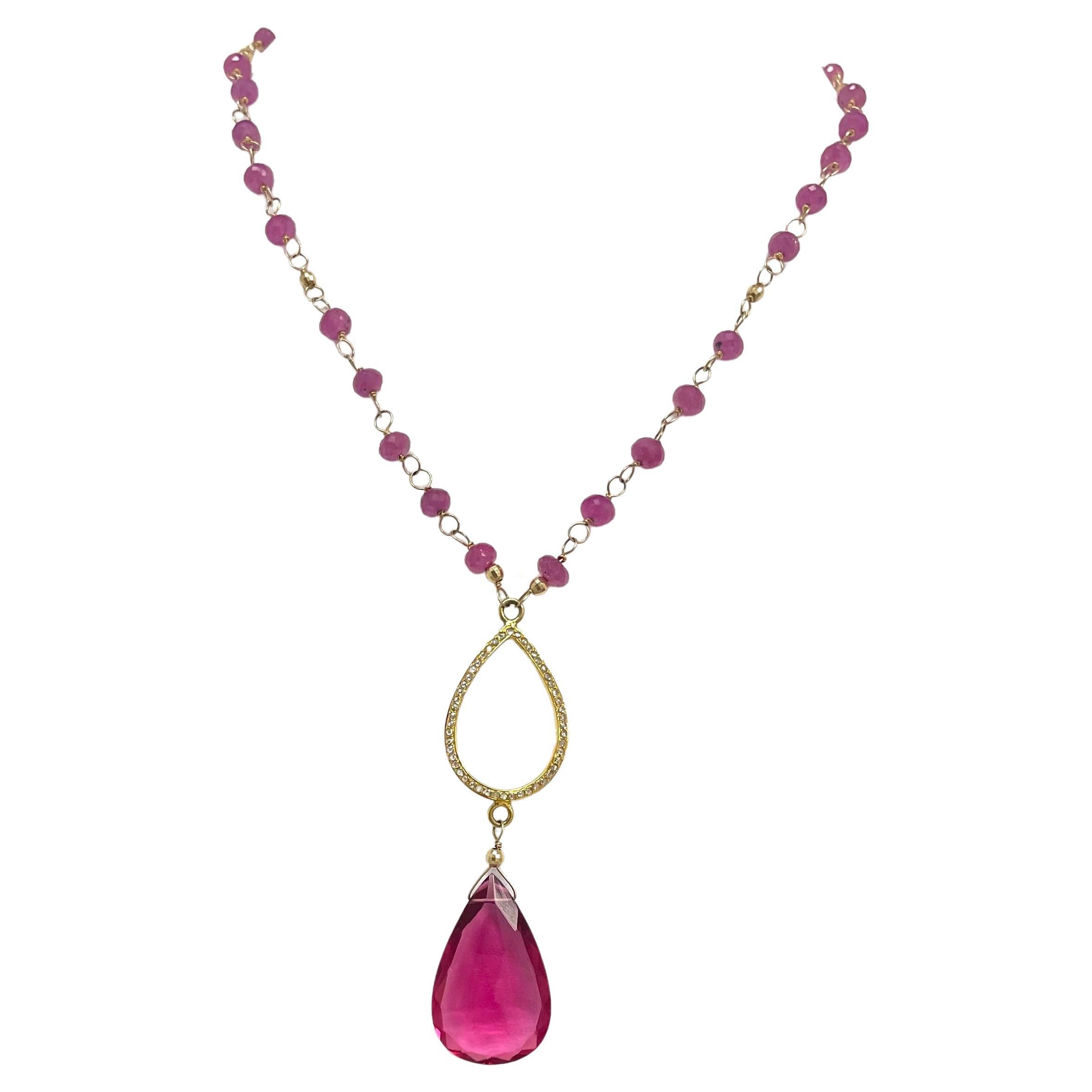 Natural Pink Sapphire with Hot Pink Quartz and Pave Diamond Pendant Necklace For Sale
