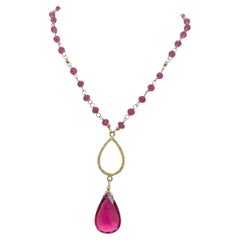 Natural Pink Sapphire with Hot Pink Quartz and Pave Diamond Pendant Necklace
