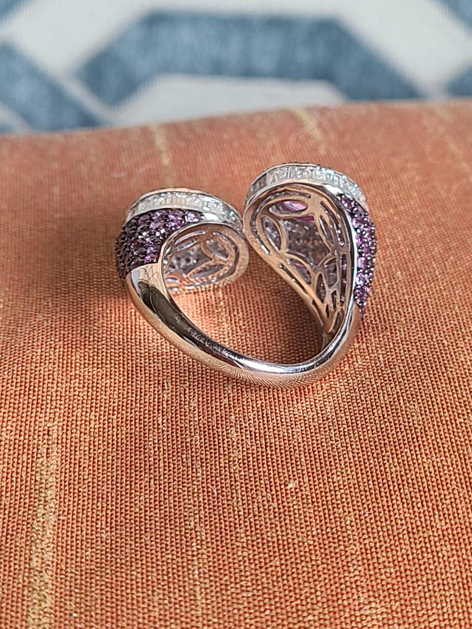 Art Deco Natural, Pink Sapphires & Diamonds Cocktail Ring Set in 18K White Gold