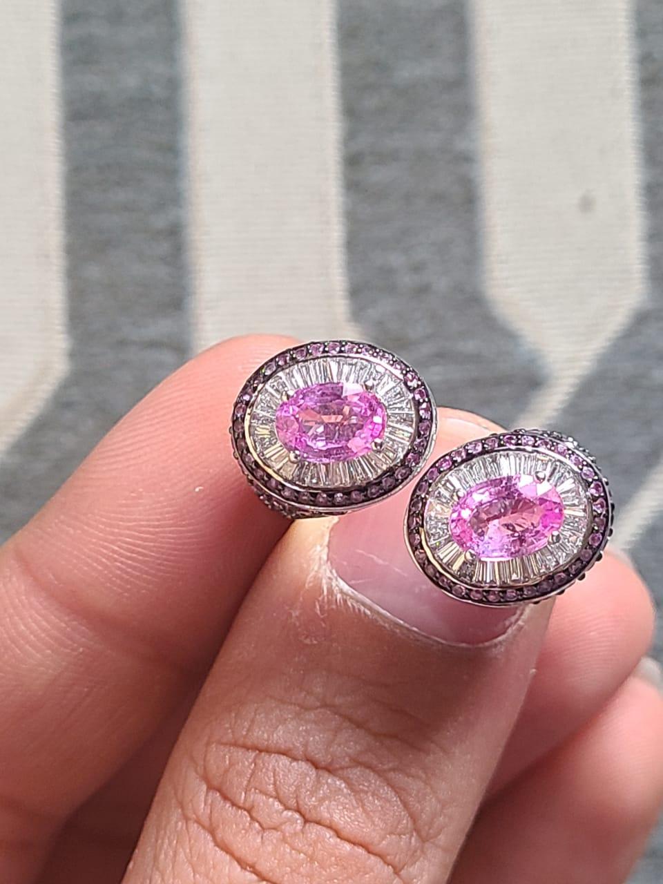 Tapered Baguette Natural, Pink Sapphires & Diamonds Cocktail Ring Set in 18K White Gold
