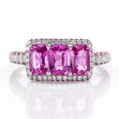 Natural Pink Sapphires Platinum Micro Pave Three-Stone Right-Hand Ring