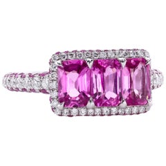 Natural Pink Sapphires Platinum Micro Pave Three-Stone Right-Hand Ring
