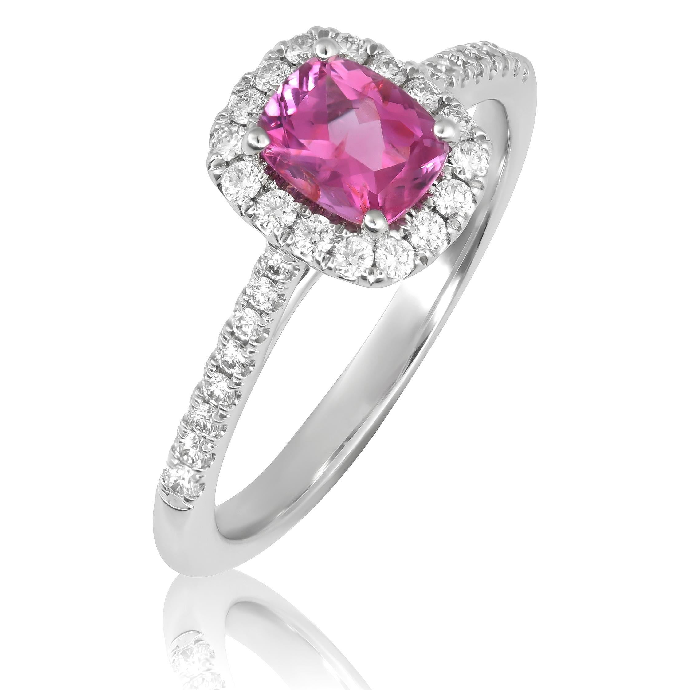 Discover the enchanting allure of natural pink spinel with this exquisite 14K white gold ring. Complemented by sparkling diamonds, this piece showcases exceptional craftsmanship and the captivating beauty of these precious gemstones. Perfect for
