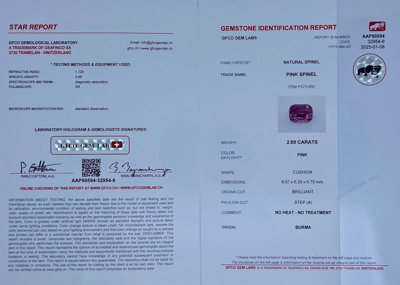 Espinela rosa natural Gema suelta 2,69 ct, talla cojín, Birmania, Certificado GFCO en Nuevo estado para la venta en Daugavpils, LV