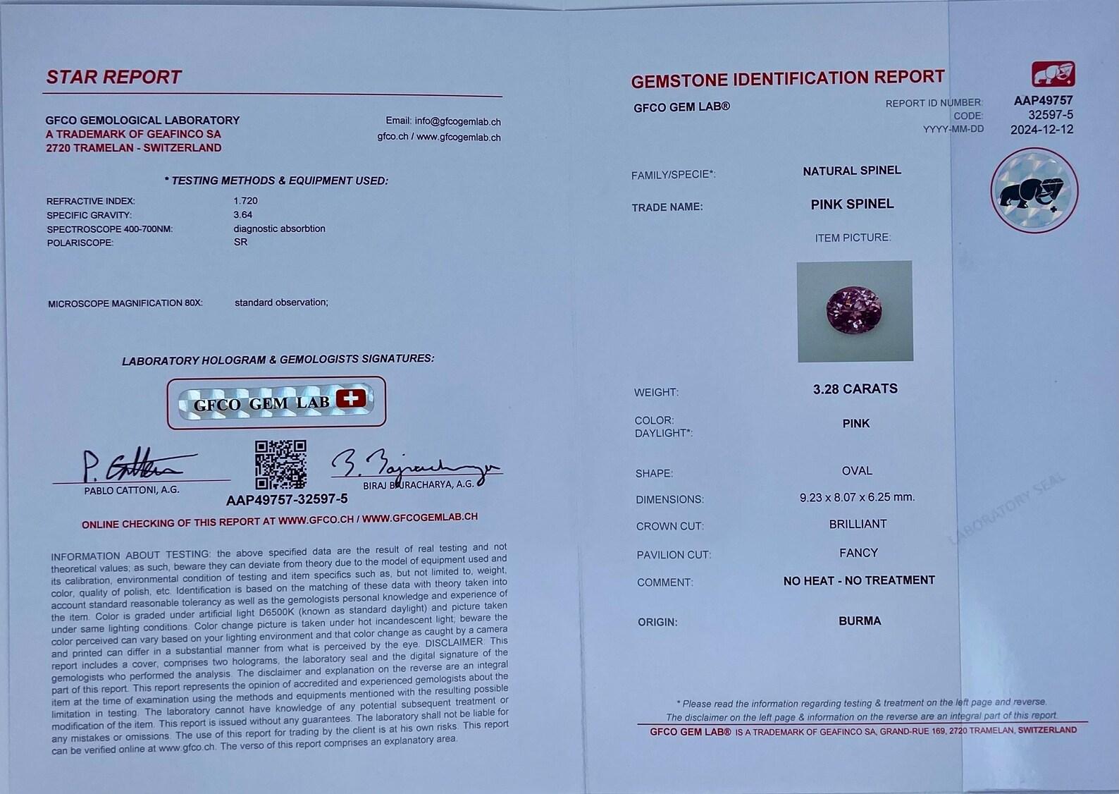 Natürlicher rosa Spinell, loser Edelstein, 3,28 Karat, Ovalschliff, Zertifikat, Ursprung Birma im Angebot 1