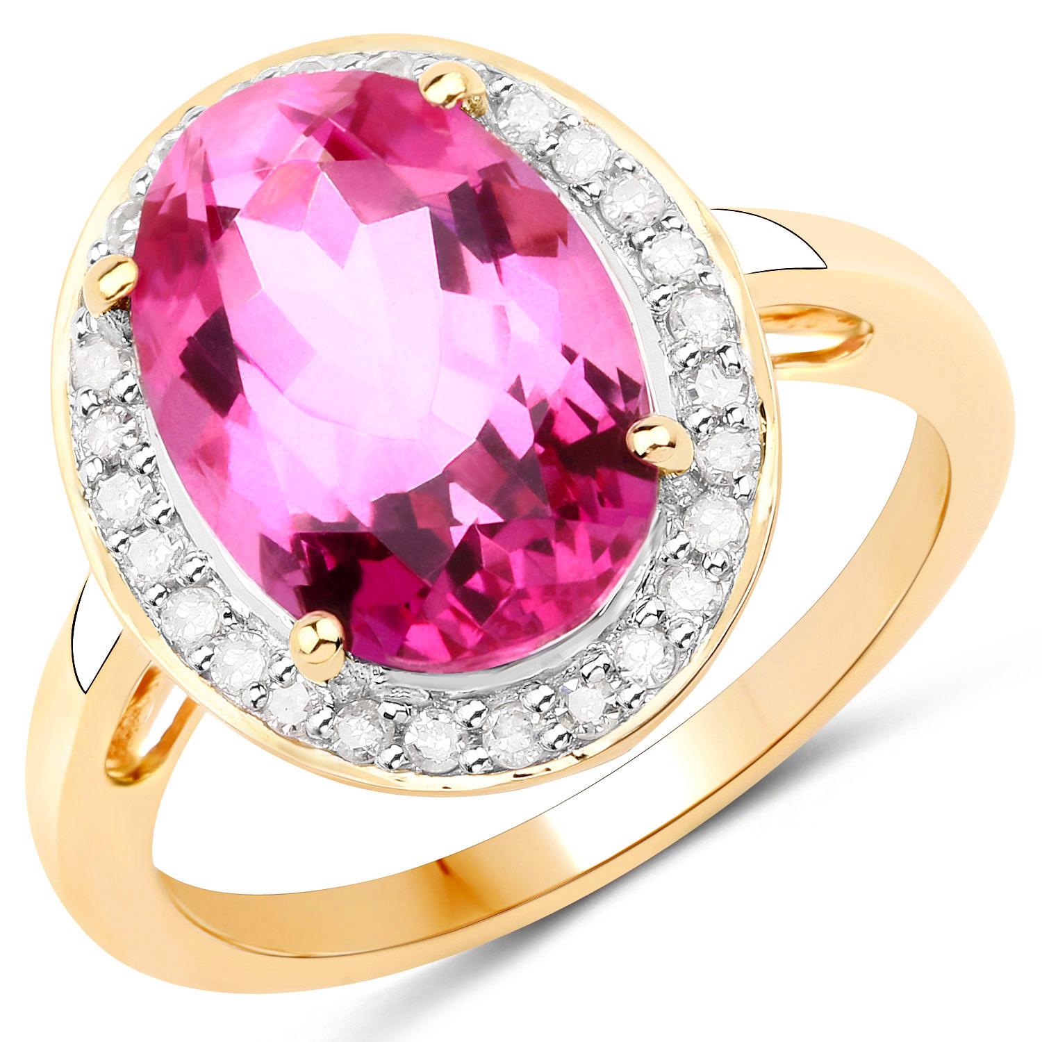 Contemporary Natural Pink Topaz and Diamond Halo Cocktail Ring 5.70 Carats 14K Yellow Gold For Sale