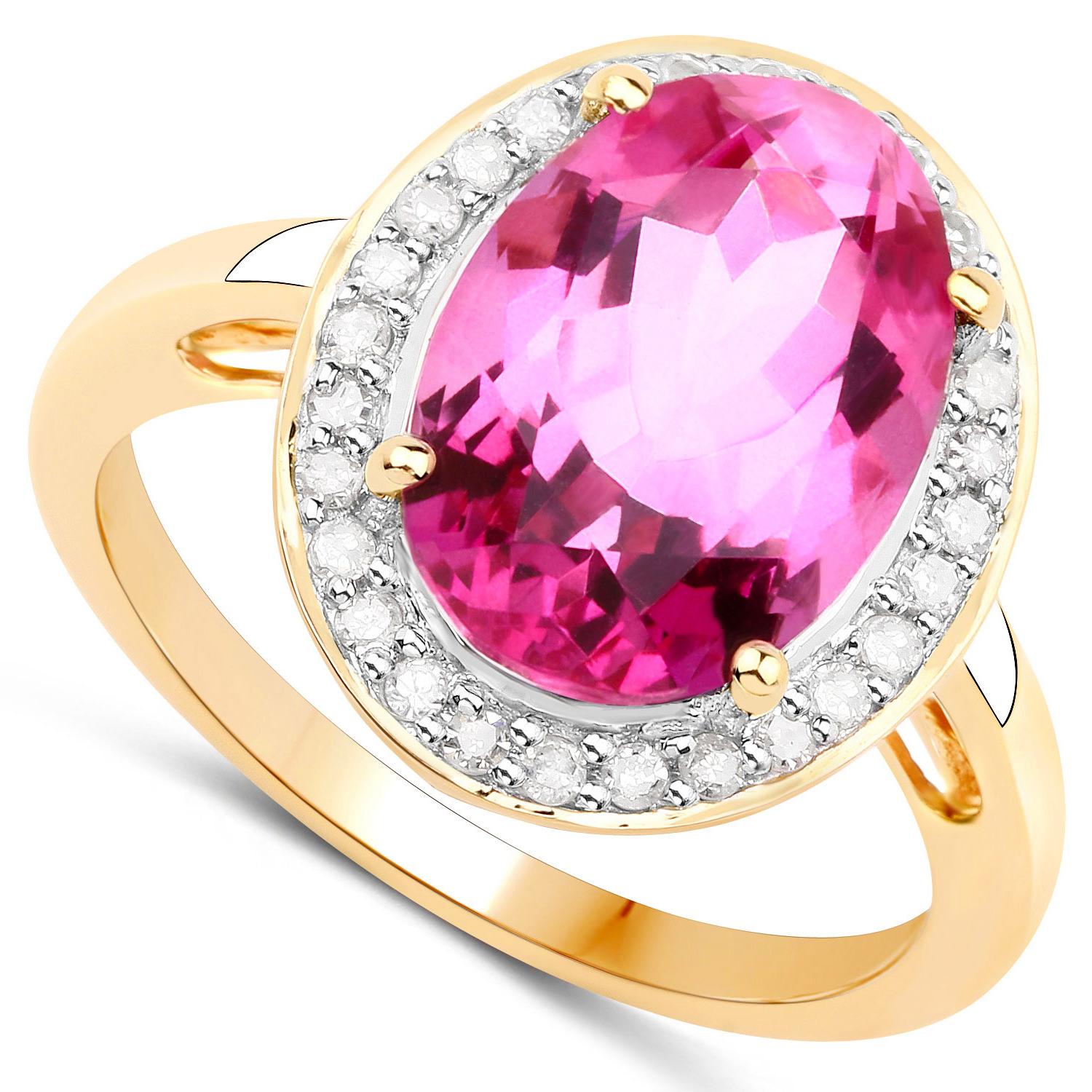Natural Pink Topaz and Diamond Halo Cocktail Ring 5.70 Carats 14K Yellow Gold In Excellent Condition For Sale In Laguna Niguel, CA