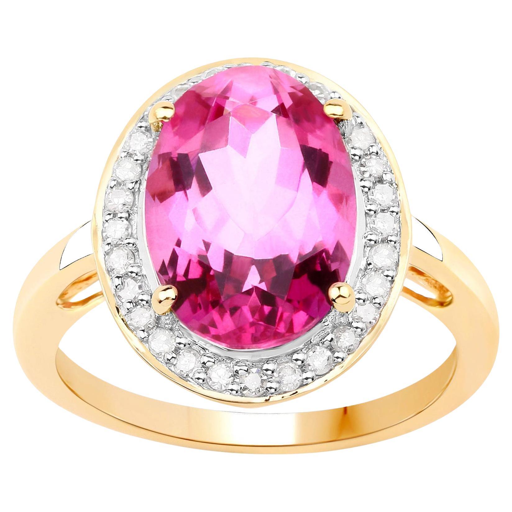 Natural Pink Topaz and Diamond Halo Cocktail Ring 5.70 Carats 14K Yellow Gold For Sale