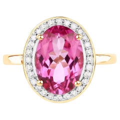 Pink Topaz Ring With Diamonds 5.70 Carats 14K Yellow Gold