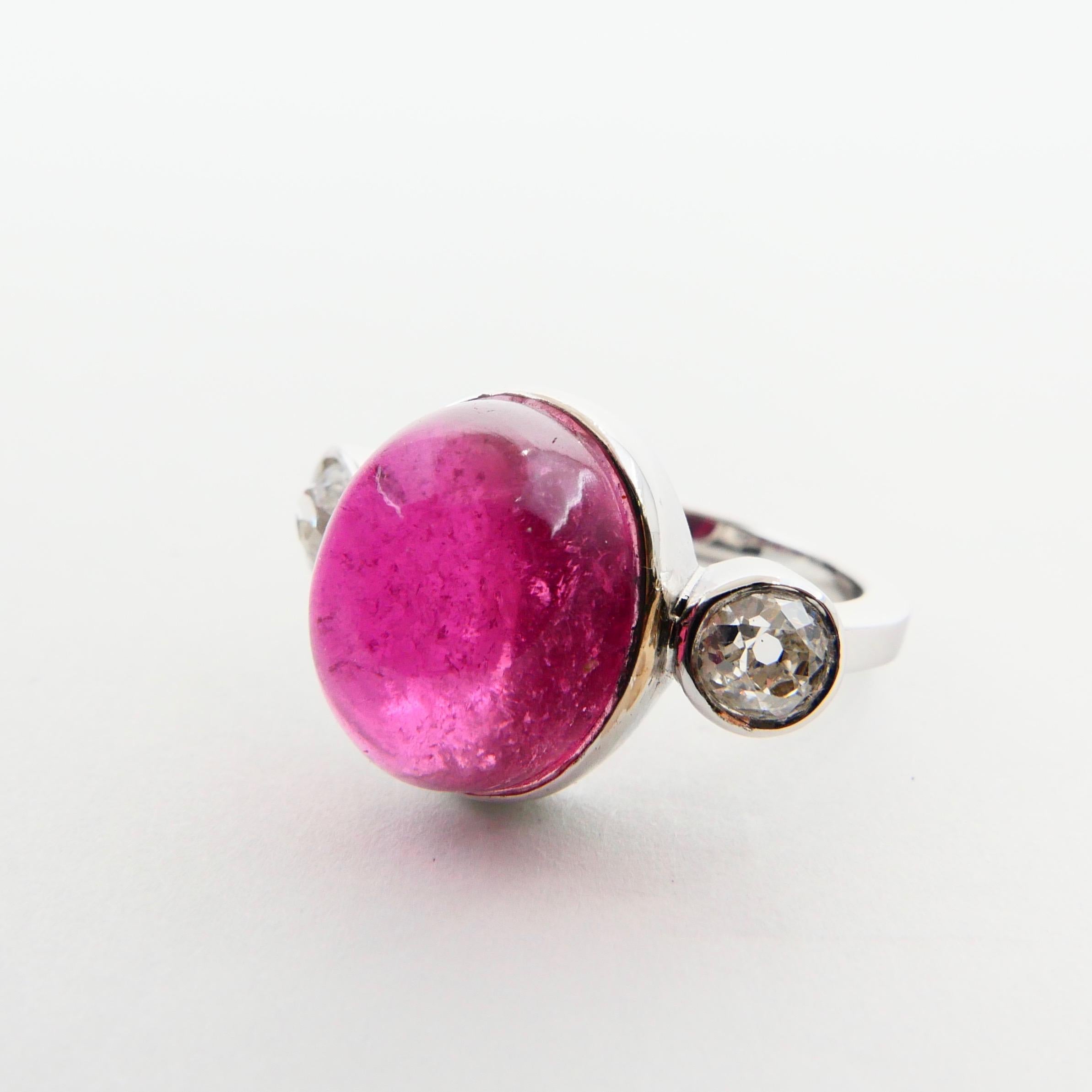 Contemporary Natural Pink Tourmaline 10.16 Carat and Old Mine Cut Diamonds Three-Stone Ring