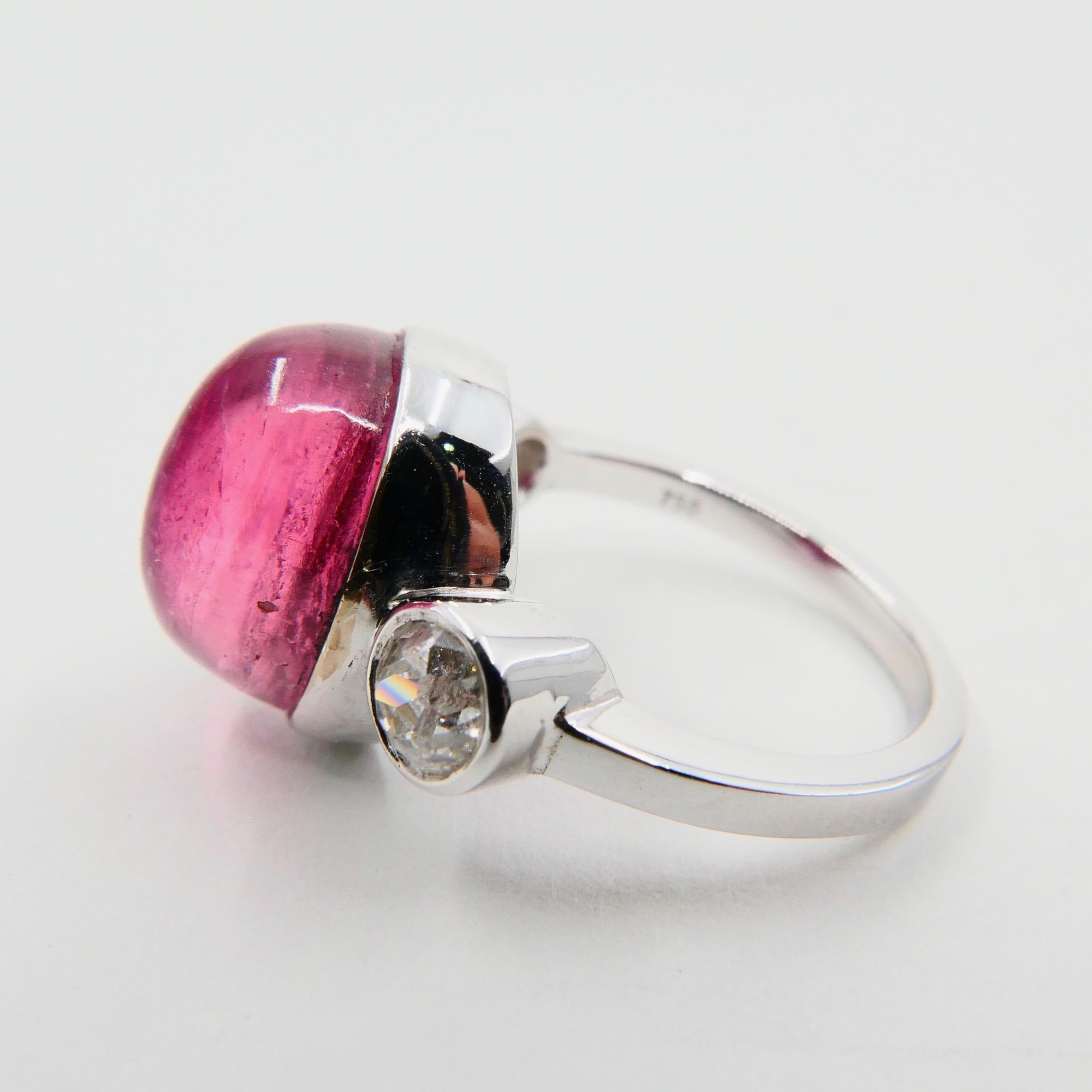 Oval Cut Natural Pink Tourmaline 10.16 Carat and Old Mine Cut Diamonds Three-Stone Ring