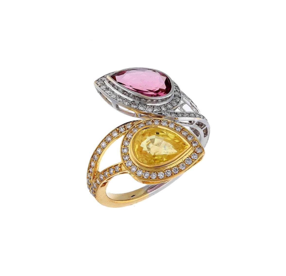 tourmaline rose naturelle 1,55 carat et saphir jaune 2,03 carats et diamants  Or 18k Neuf - En vente à jaipur, IN