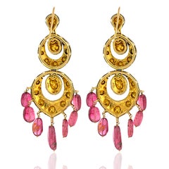 Natural Pink Tourmaline & 3ct Diamond Chandelier Earrings in 14k Gold & Silver