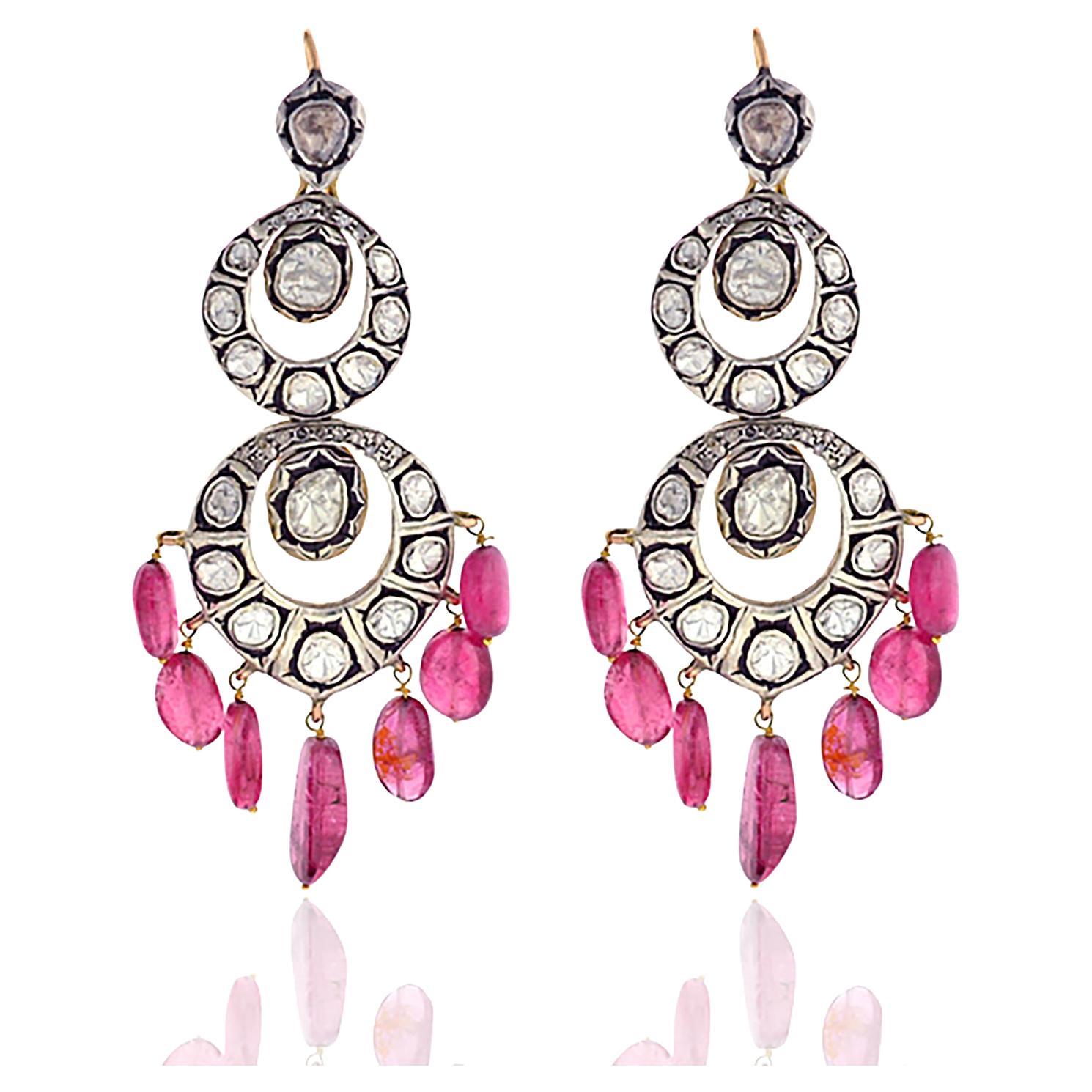 Natural Pink Tourmaline 
3ct Diamond Chandelier Earrings in 14k Gold 
Silver