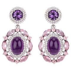 Natural Pink Tourmaline Amethyst and Diamond Halo Earrings 25 Carats Total