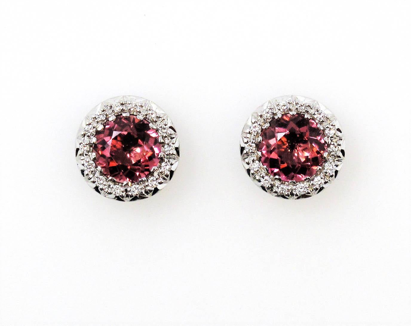 Natural Pink Tourmaline and Diamond Halo Stud Earrings in 18 Karat White Gold 6